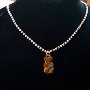 ORANGE GUMMY BEAR NECKLACE WITH GOLD RHINESTONE CHAIN NEW